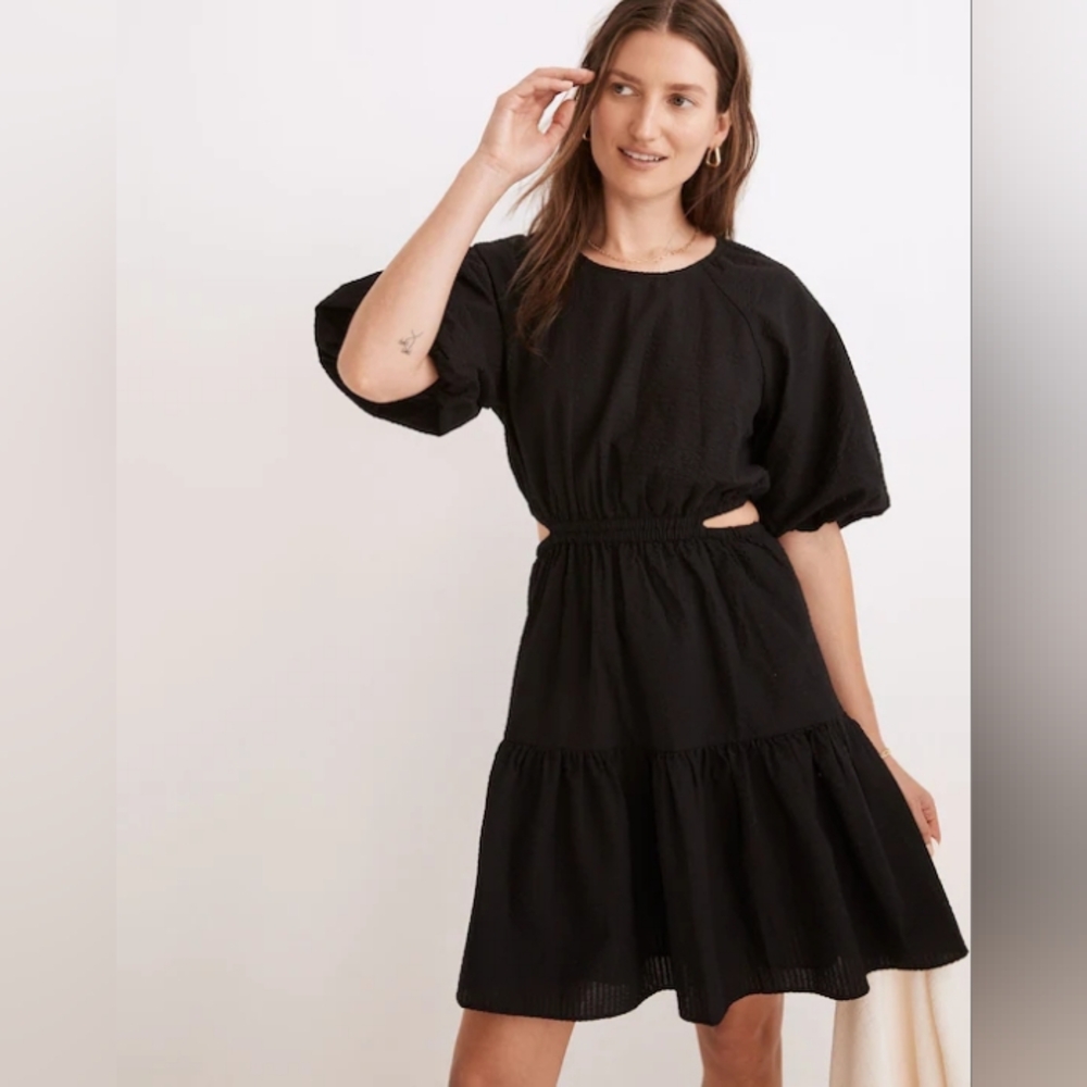 Madewell Black Tiered Mini Dress with Puff Sleeves